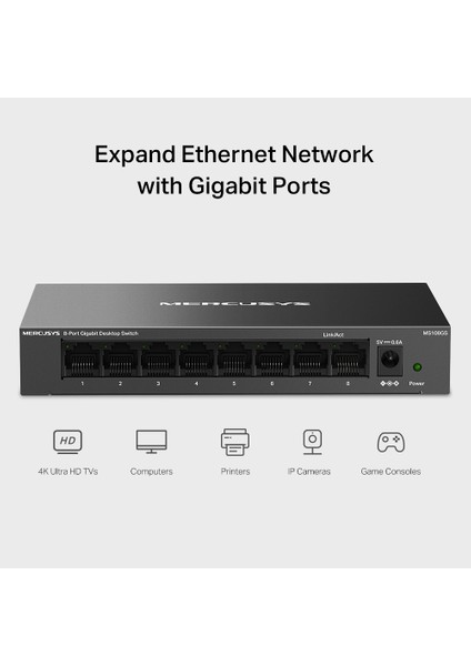 MS108GS, 8-Port 10/100/1,000 Mbps Masaüstü Switch