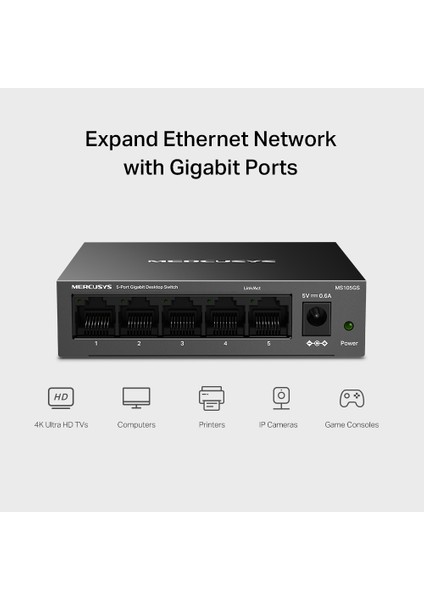MS105GS, 5-Port 10/100/1,000 Mbps Masaüstü Switch