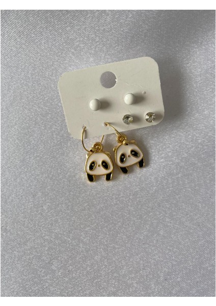 Panda Figürlü Çoklu Küpe Altın Renk