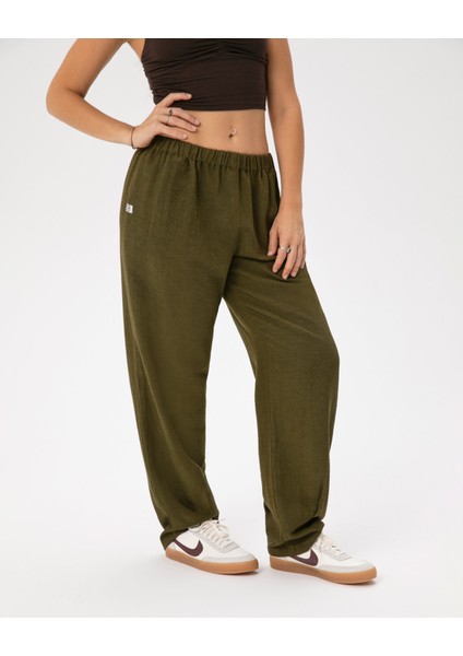 Kadın Haki Easy West Pantolon - Bilek Boy, Paça Pens Detaylı, Keten Karışımı Kumaş, Günlük ve Hafif Spor Pilates / Yoga Kullanım İçin Rahat Pantolon