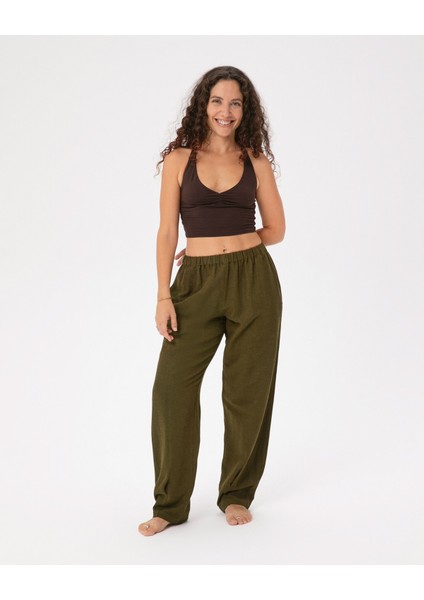 Kadın Haki Easy West Pantolon - Bilek Boy, Paça Pens Detaylı, Keten Karışımı Kumaş, Günlük ve Hafif Spor Pilates / Yoga Kullanım İçin Rahat Pantolon indirimleri