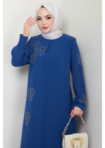 Büyük Beden Lale Taşlı Anne Elbisesi Indigo HM2692