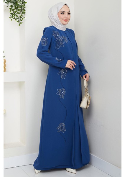 Büyük Beden Lale Taşlı Anne Elbisesi Indigo HM2692