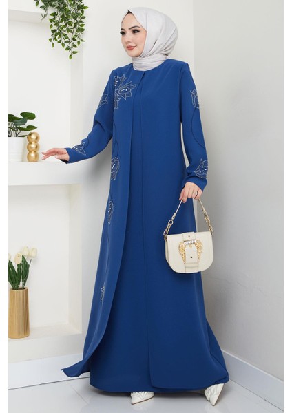 Büyük Beden Lale Taşlı Anne Elbisesi Indigo HM2692