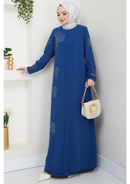 Büyük Beden Lale Taşlı Anne Elbisesi Indigo HM2692