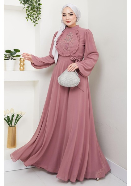 Boncuklu Şifon Abiye Elbise Gül Kurusu HM2667