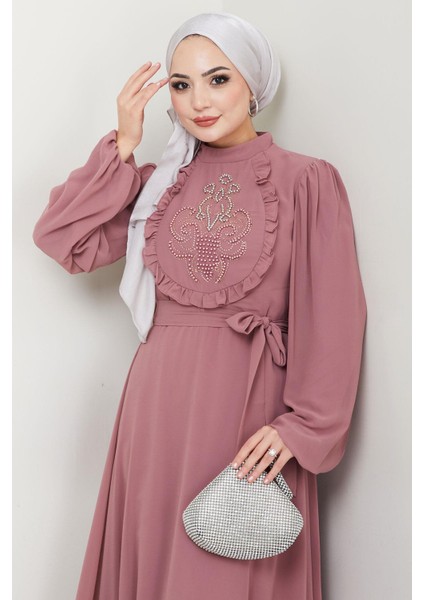 Boncuklu Şifon Abiye Elbise Gül Kurusu HM2667