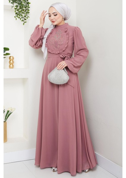 Boncuklu Şifon Abiye Elbise Gül Kurusu HM2667