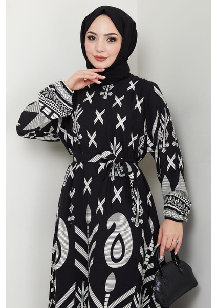 Ferah Desenli Yazlık Viskon Elbise Siyah HM2679 fiyatları