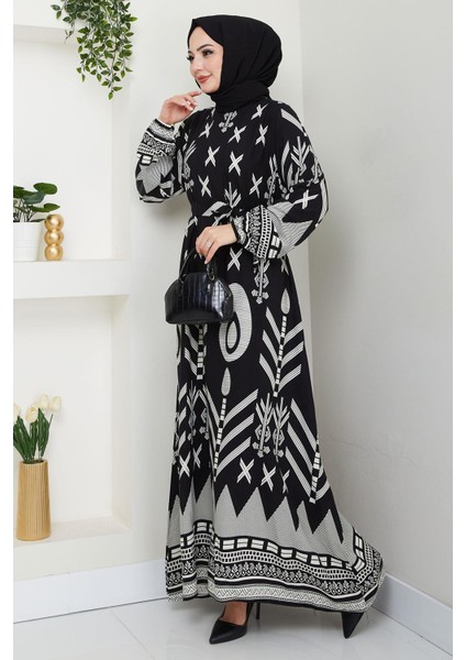 Ferah Desenli Yazlık Viskon Elbise Siyah HM2679 modelleri