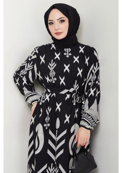 Ferah Desenli Yazlık Viskon Elbise Siyah HM2679 fırsatları