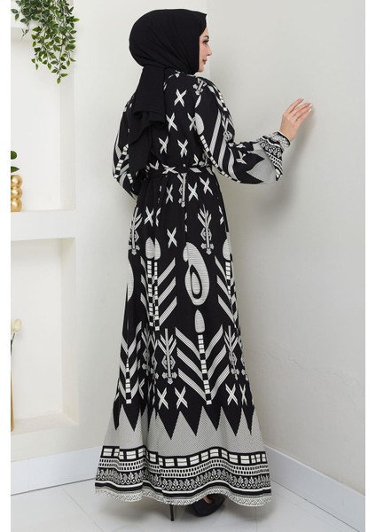 Ferah Desenli Yazlık Viskon Elbise Siyah HM2679 indirimleri