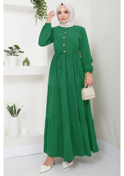 Büzgülü Düğmeli Ayrobin Elbise Su Yeşili HM8811