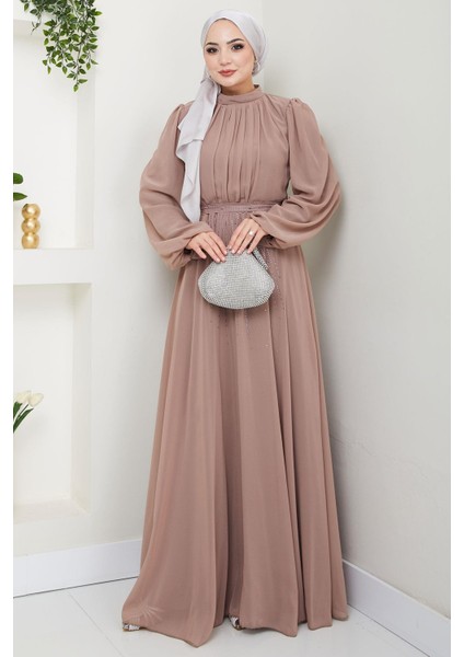 Kuşağı Taşlı Şifon Abiye Elbise Vizon HM2668