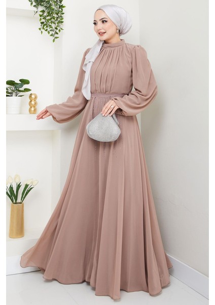 Kuşağı Taşlı Şifon Abiye Elbise Vizon HM2668 fiyatları