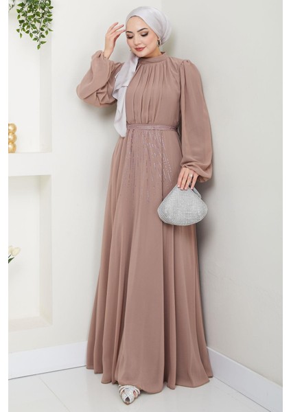 Kuşağı Taşlı Şifon Abiye Elbise Vizon HM2668 modelleri