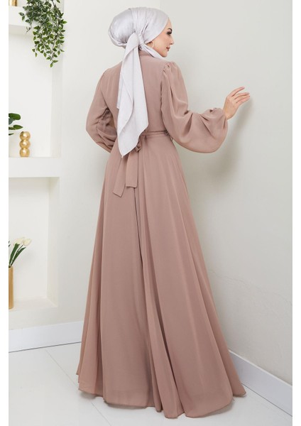 Kuşağı Taşlı Şifon Abiye Elbise Vizon HM2668 indirimleri
