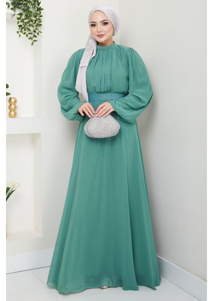 Kuşağı Taşlı Şifon Abiye Elbise Mint HM2668