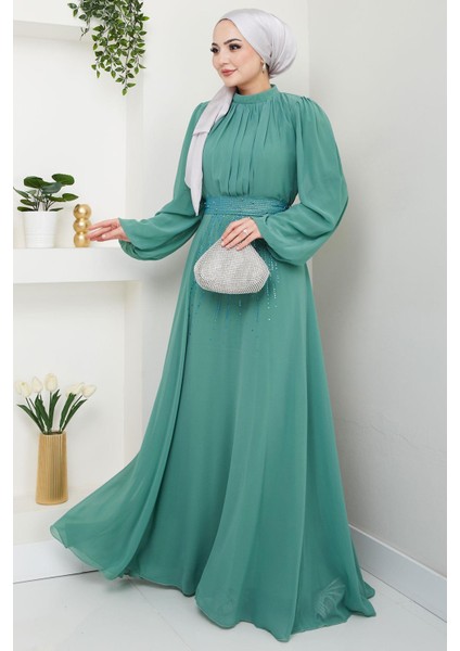 Kuşağı Taşlı Şifon Abiye Elbise Mint HM2668 fiyatları