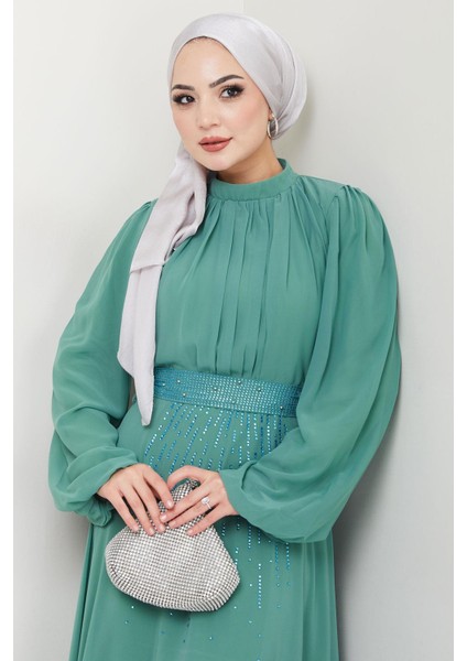 Kuşağı Taşlı Şifon Abiye Elbise Mint HM2668 modelleri