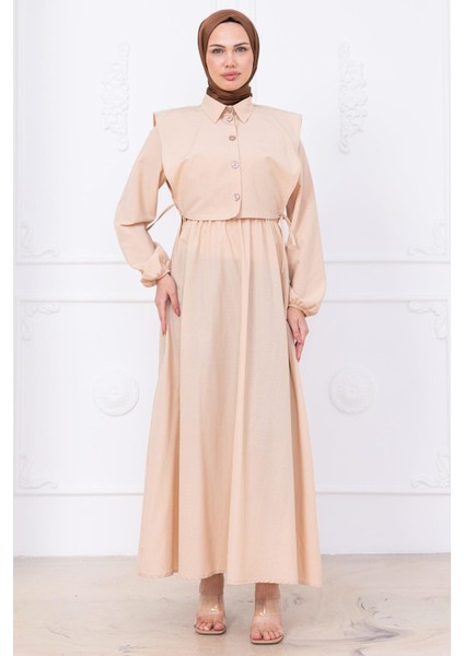 Bolerolu Beli Lastikli Elbise Bej HM2756