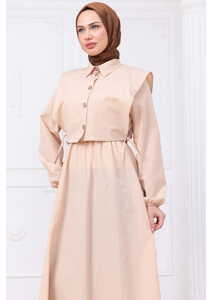 Bolerolu Beli Lastikli Elbise Bej HM2756