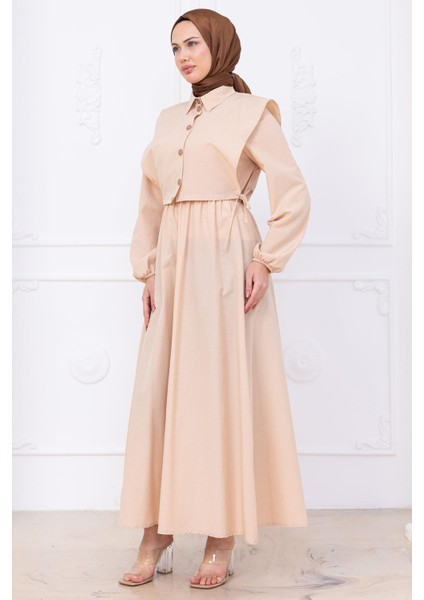 Bolerolu Beli Lastikli Elbise Bej HM2756