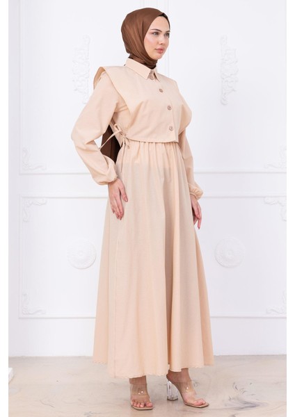 Bolerolu Beli Lastikli Elbise Bej HM2756