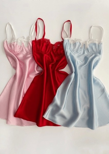 3 Renk Göğüs Dantel Detaylı & Pötikareli Yumuşak Saten Gecelik Set (Gizli Gönderi)