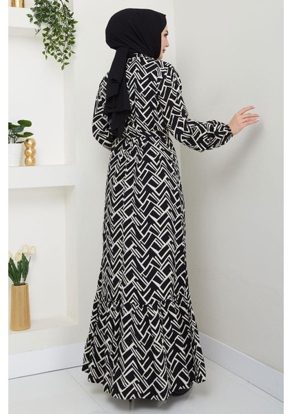 Sevim Desenli Yazlık Viskon Elbise Siyah HM2677 fırsatları