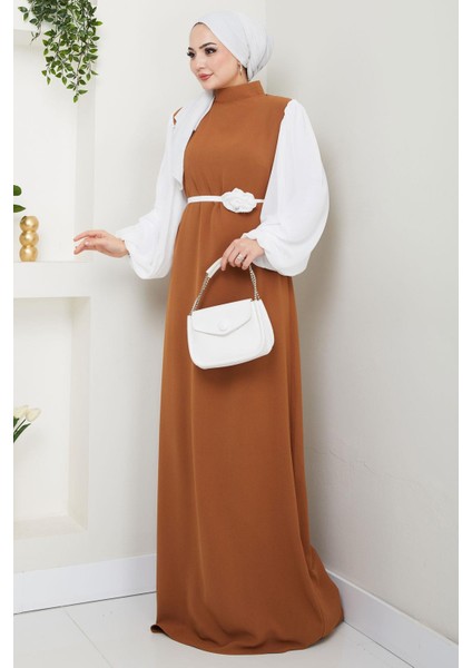 Gül Kemerli Kolları Şifon Abiye Elbise Taba HM2666