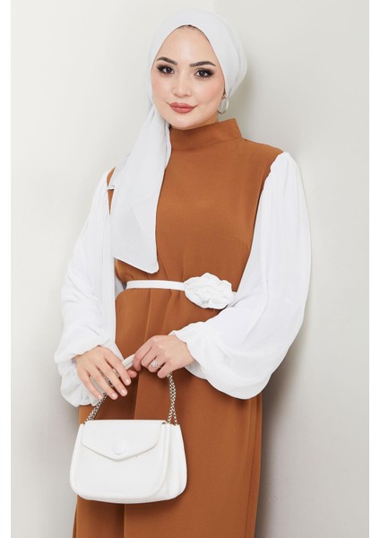 Gül Kemerli Kolları Şifon Abiye Elbise Taba HM2666