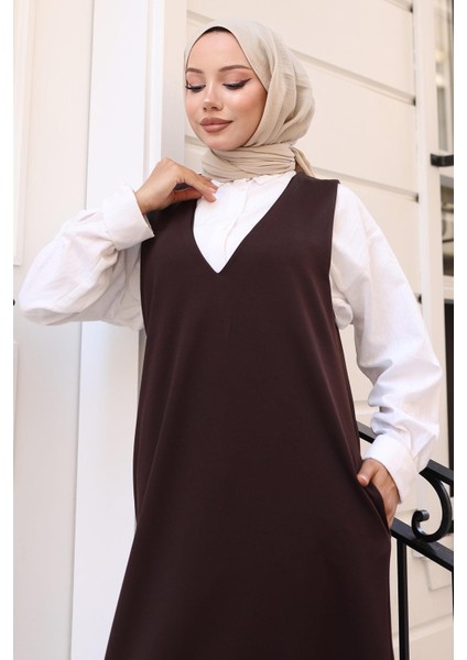 V Yaka Cepli Örme Jile Elbise Kahverengi HM2754 fırsatları