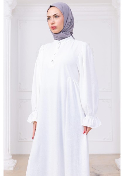 Kolları Lastikli Eva Tesettür Elbise Beyaz HM2758