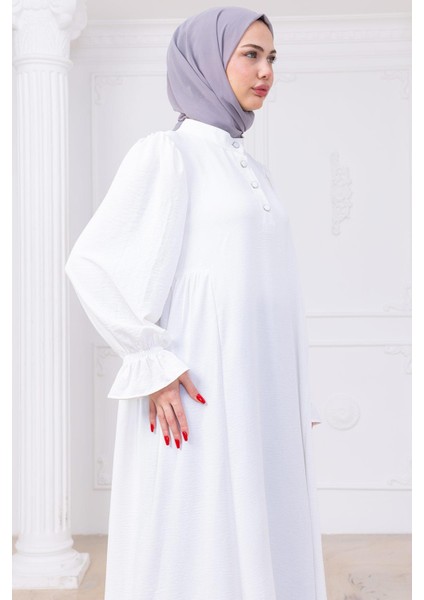 Kolları Lastikli Eva Tesettür Elbise Beyaz HM2758 modelleri
