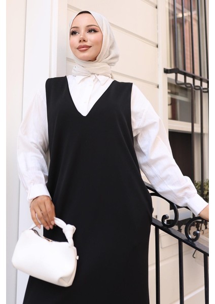V Yaka Cepli Örme Jile Elbise Siyah HM2754