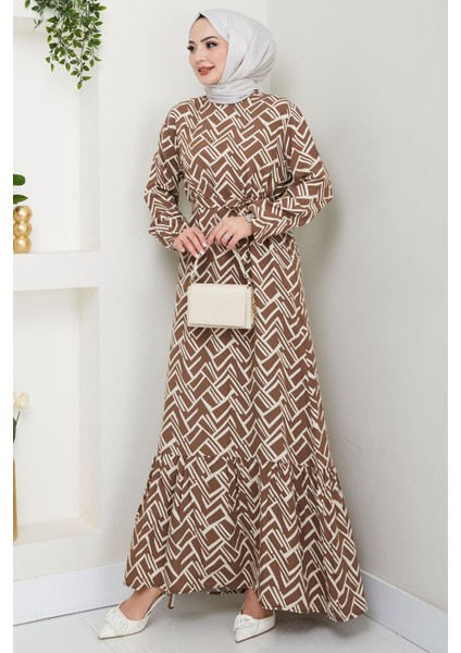 Sevim Desenli Yazlık Viskon Elbise Vizon HM2677