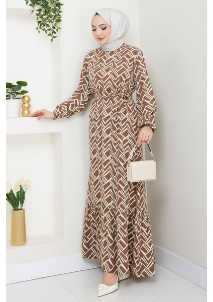 Sevim Desenli Yazlık Viskon Elbise Vizon HM2677 modelleri