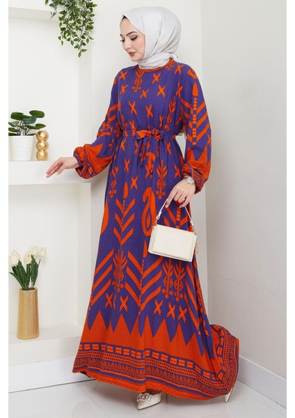 Ferah Desenli Yazlık Viskon Elbise Mor HM2679 modelleri