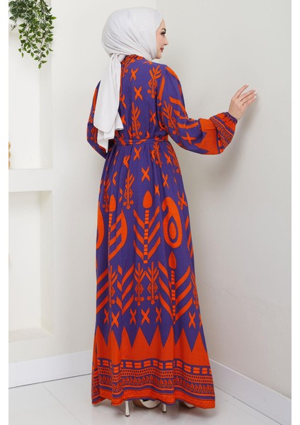 Ferah Desenli Yazlık Viskon Elbise Mor HM2679 indirimleri