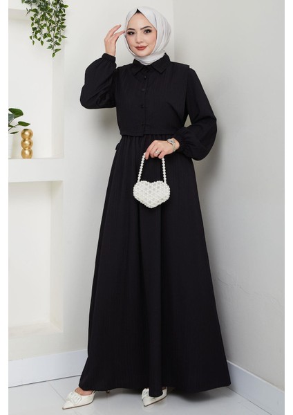 Bolerolu Beli Lastikli Elbise Siyah HM2702