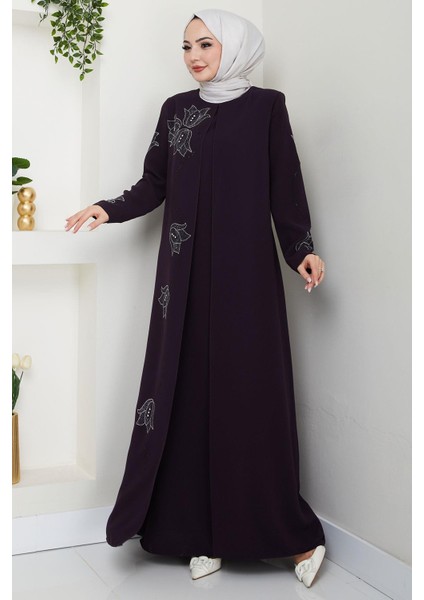 Büyük Beden Lale Taşlı Anne Elbisesi Mor HM2692 modelleri
