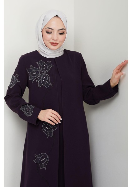 Büyük Beden Lale Taşlı Anne Elbisesi Mor HM2692 indirimleri