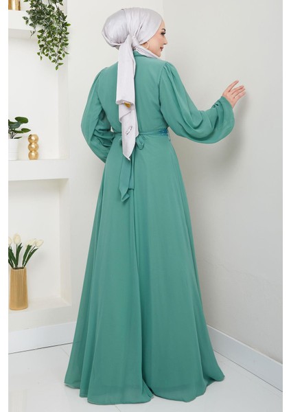 Kuşağı Taşlı Şifon Abiye Elbise Mint HM2668 indirimleri