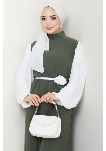 Gül Kemerli Kolları Şifon Abiye Elbise Haki HM2666 fiyatları