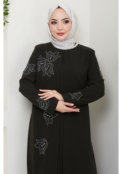 Büyük Beden Lale Taşlı Anne Elbisesi Haki HM2692 modelleri