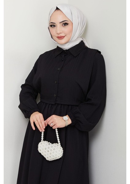 Bolerolu Beli Lastikli Elbise Siyah HM2702