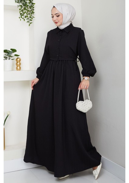 Bolerolu Beli Lastikli Elbise Siyah HM2702