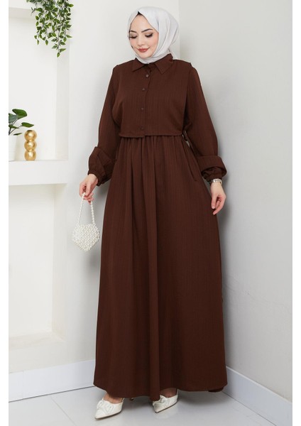 Bolerolu Beli Lastikli Elbise Kahverengi HM2702