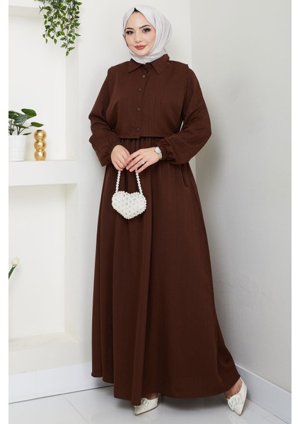 Bolerolu Beli Lastikli Elbise Kahverengi HM2702 fiyatları